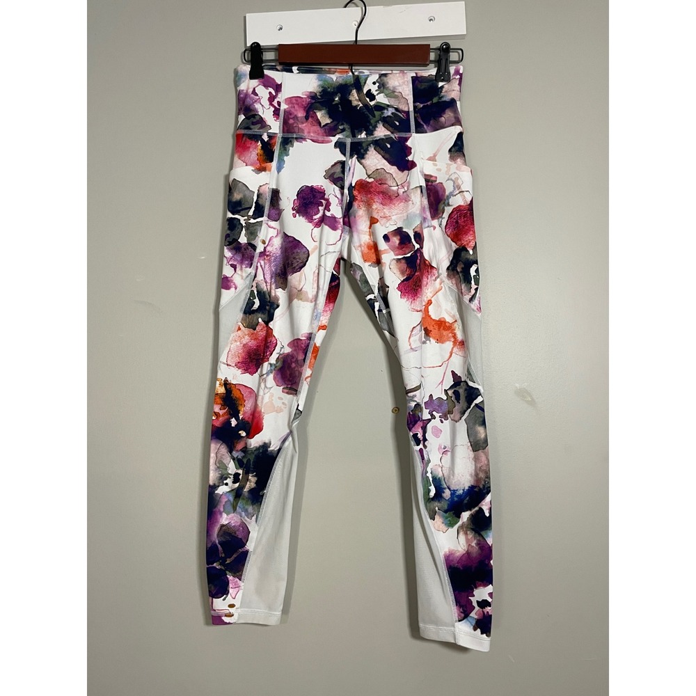 Athleta Salutation Stash Pocket Tight Women Small White Floral Excellent Mesh